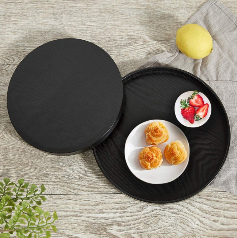 River Round Wood Serving Tray, Solid Wooden Decorative Tray Non-Slip Tea Coffee Table Tray Snack Plate Food Meals Serving Tray with Raised Edges for Home Decor Kitchen Restaurant (8.2inch, Black) - Image 3